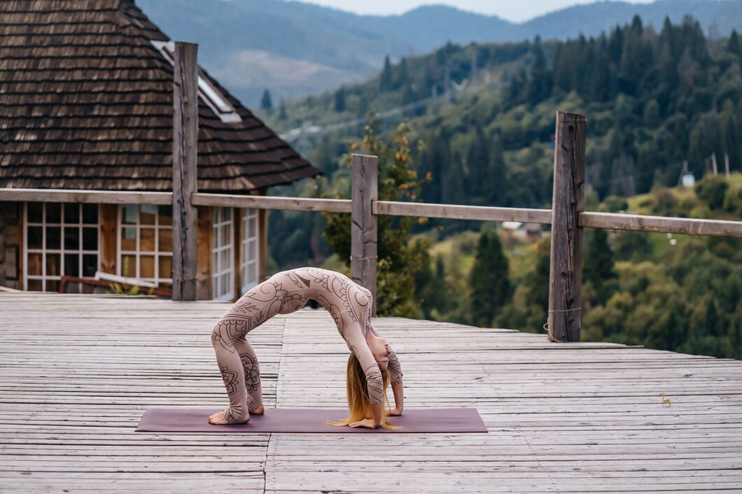 Yoga balance pose in studio light